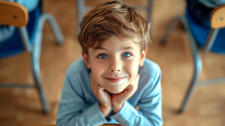 Top view of cute little boy with blue eyes looking at camera and smiling while sitting in classroomの素材