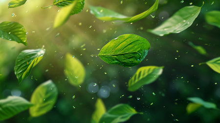 Green leaves with drops of water on blurred green background. nature backgroundの素材