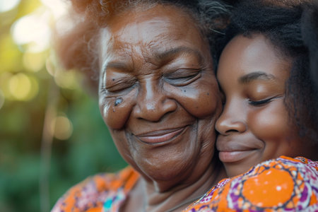 African american grandmother with her daughter in the park, close upの素材