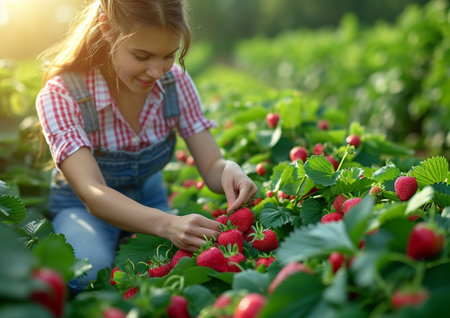 Young woman picking strawberries in the field. Selective focus. natureの素材