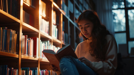 Young asian woman reading a book in library, education concept.の素材