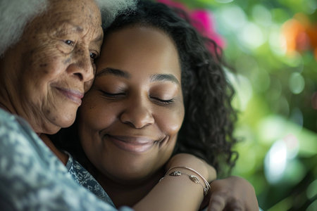 Close up portrait of a smiling senior African American woman embracing her daughterの素材