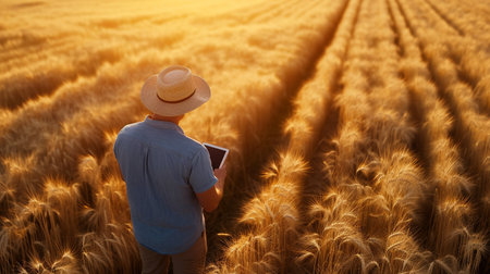 Rear view of man in straw hat and blue shirt standing in wheat field and using tablet computerの素材
