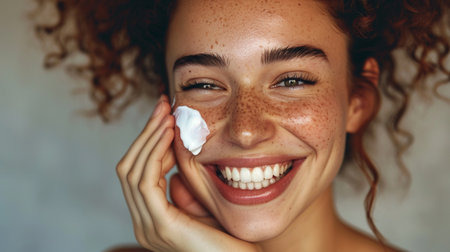Close up of smiling young woman applying moisturizing cream on her faceの素材