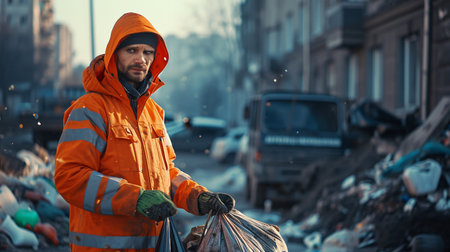 Portrait of a man in an orange jacket with a garbage bag on the streetの素材