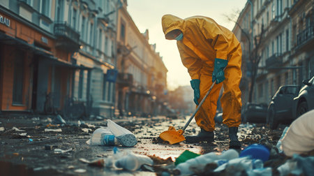 Volunteer in protective suit and mask cleans garbage on the street. Concept of environmental pollution.の素材