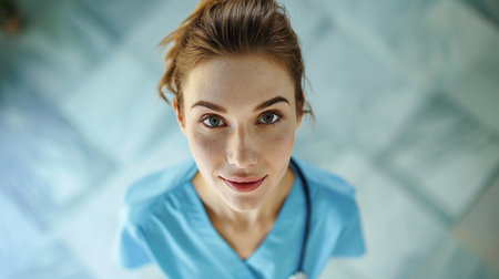 Portrait of young female doctor with stethoscope at hospital.の素材