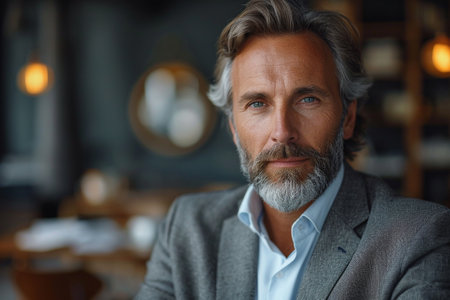 Portrait of handsome mature man with gray beard looking at camera in cafeの素材