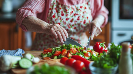 Close up of senior woman preparing vegetable salad in the kitchen at homeの素材