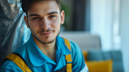 Portrait of young man worker in uniform standing in front of cameraの素材
