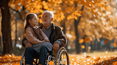 Elderly man in a wheelchair with his granddaughter in the autumn parkの素材