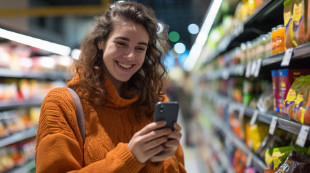 Portrait of smiling young woman using mobile phone while shopping in supermarketの素材