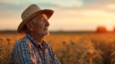 Portrait of senior farmer standing in corn field at sunset, looking awayの素材