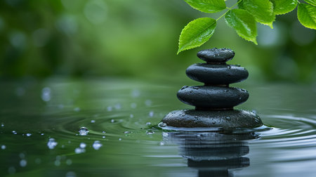 zen basalt stones and green leaves on water with ripples and dropsの素材