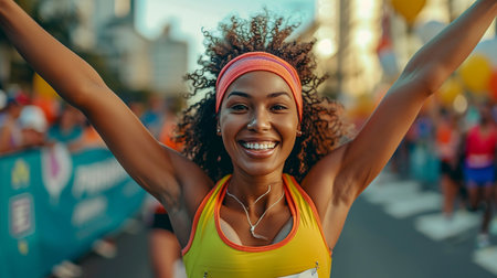 Half-length portrait of young beautiful afro-american woman with afro hairstyle in sportswear smiling and looking at camera while crossing the finish line.の素材
