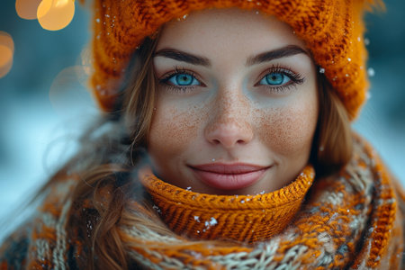 Close up portrait of a beautiful young woman in a knitted hat and scarf on a background of winter forest.の素材
