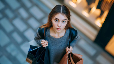 Young beautiful woman with shopping bags in the mall. Shopping concept.の素材