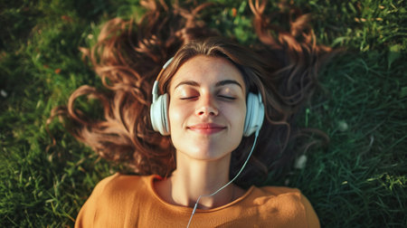 Young woman listening to music with headphones lying on green grass in parkの素材