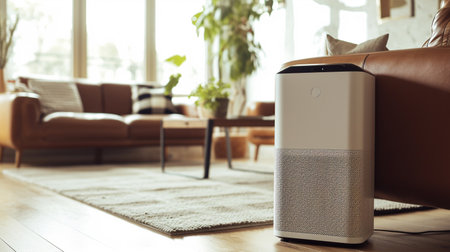 Modern air purifier on the floor in the living room at homeの素材
