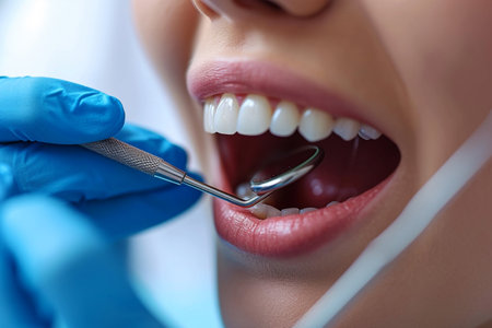 Dentist examining patient's teeth at the dental clinic. Dentistry concept.の素材