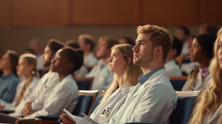 Group of people listening to lecture in conference hall, focus on manの素材