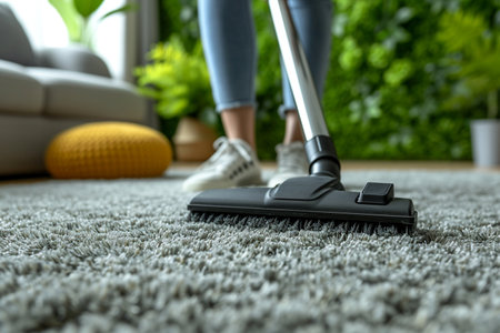 Woman cleaning carpet with vacuum cleaner at home, closeup. cleaning serviceの素材