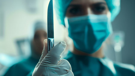 Surgeon holding a scalpel in his hand. Close-up.の素材