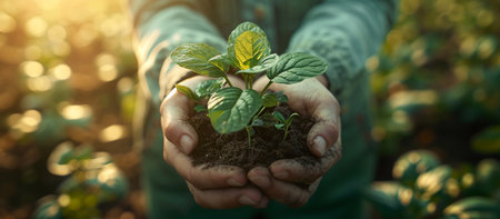 Farmer holding young plant in hands on blurred background, panoramaの素材