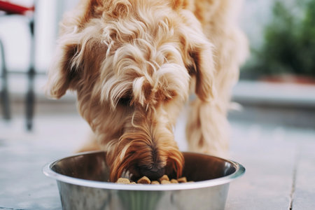 Dog eating dry food from a bowl. Selective focus. natureの素材