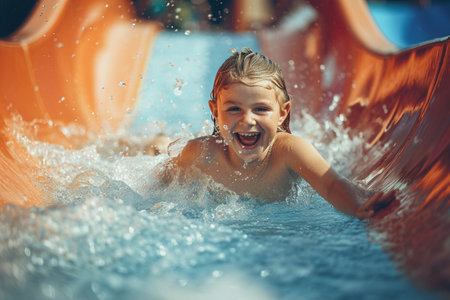 Happy little boy having fun in swimming pool on a hot summer dayの素材