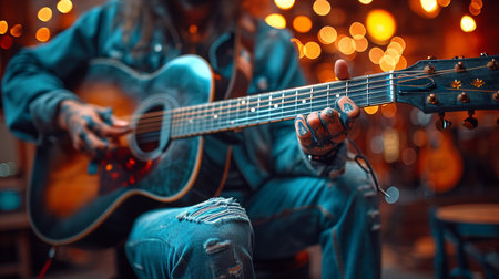 Guitarist playing acoustic guitar in the night club. Music concept.の素材