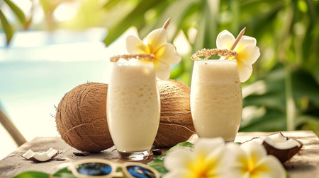 Coconut milk smoothie with tropical palm leaves and flowers.の素材