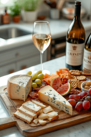 cheese platter with wine, grapes and crackers on kitchen tableの素材