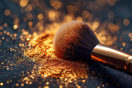Makeup brush with golden glitter on a dark background close-upの素材