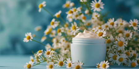cosmetic cream with chamomile flowers on a blue backgroundの素材