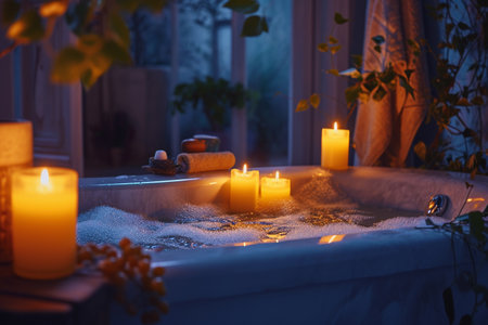 Beautiful spa composition with candles in bathtub on window background.の素材