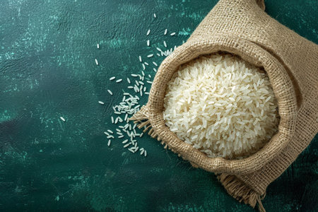 Rice in burlap bag on green textured background, top viewの素材