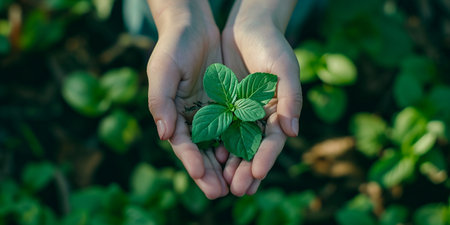 Hands of a young woman holding a small plant in her handsの素材