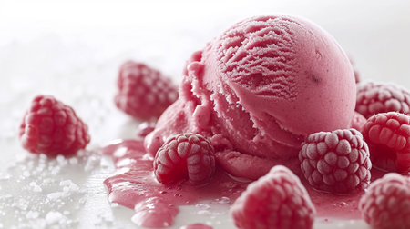 ice cream with fresh raspberries on a white background. macroの素材
