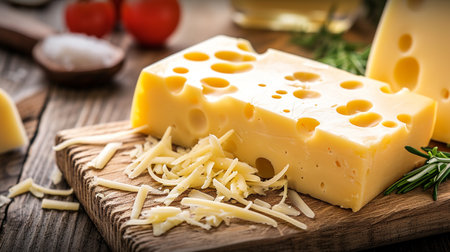 Piece of cheese on a wooden board with herbs and tomatoes.の素材