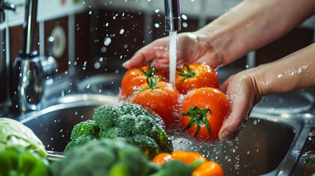 Closeup of female hands washing vegetables in the kitchen sink with water splashesの素材