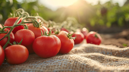 Ripe red tomatoes on a branch on a background of green fieldの素材