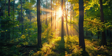 Sunlight in the morning forest. Beautiful nature scene with sunbeamsの素材