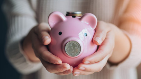 Closeup of woman hands holding pink piggy bank with coins.の素材