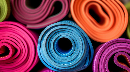 Rolls of colorful elastic band for yoga as a background. Close-upの素材