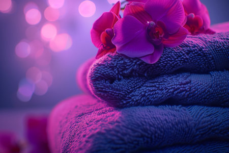 Spa towels with orchid flowers on a background of bokehの素材