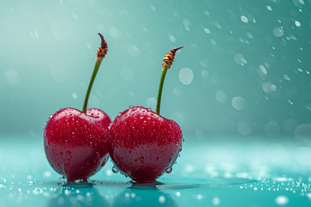 Cherries with water drops on a blue background. Selective focus.の素材