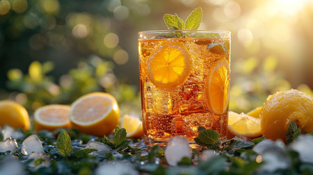 Glass of iced tea with lemon and mint on green grass.の素材