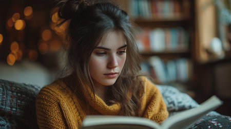 Portrait of a beautiful young woman reading a book at home.の素材