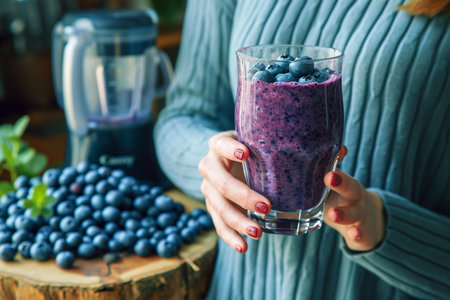 Woman holding a glass of blueberry smoothie with fresh berries.の素材